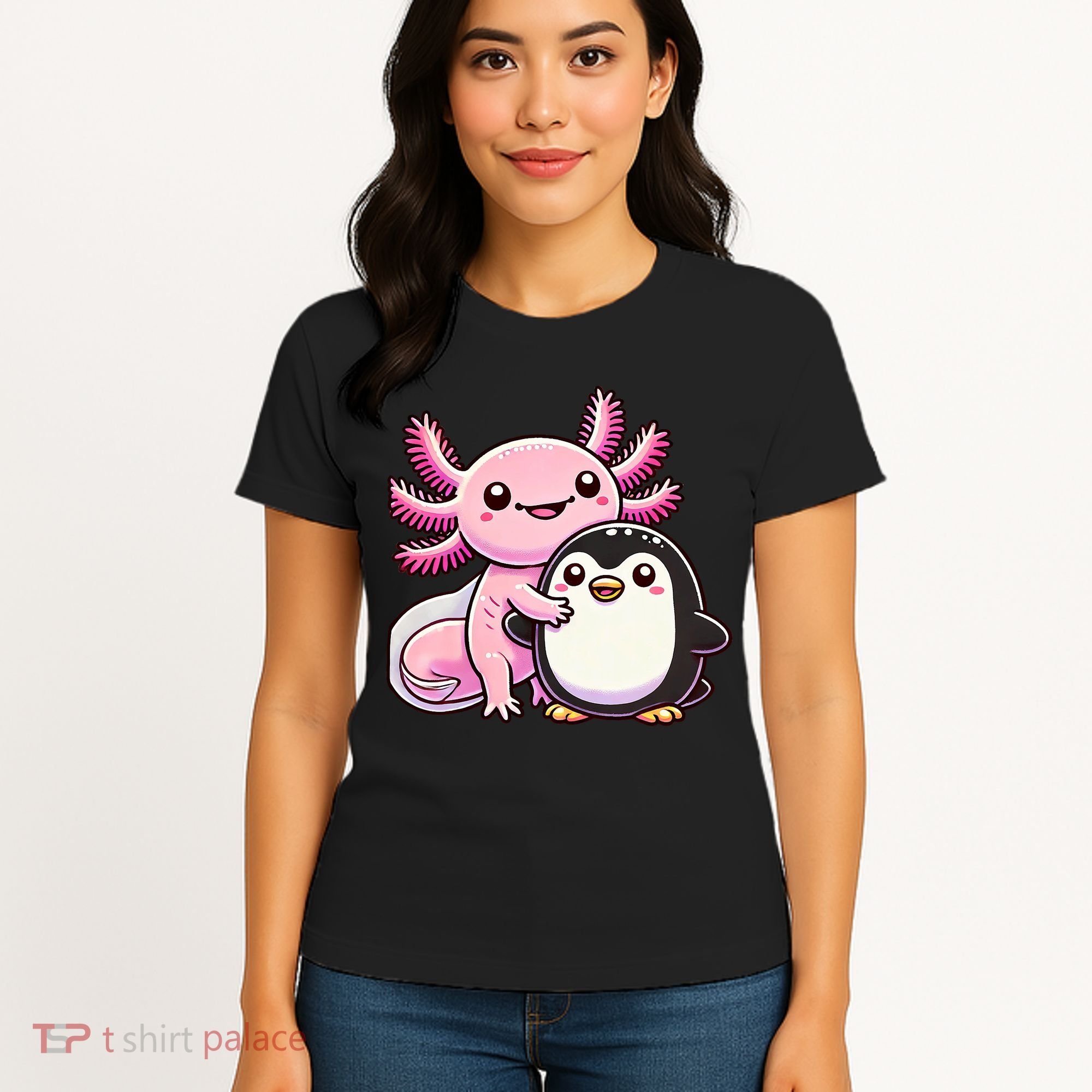Cute Axolotl Hugging Penguin Women's T-Shirt
