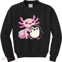 Cute Axolotl Hugging Penguin Kids Sweatshirt thumb 0