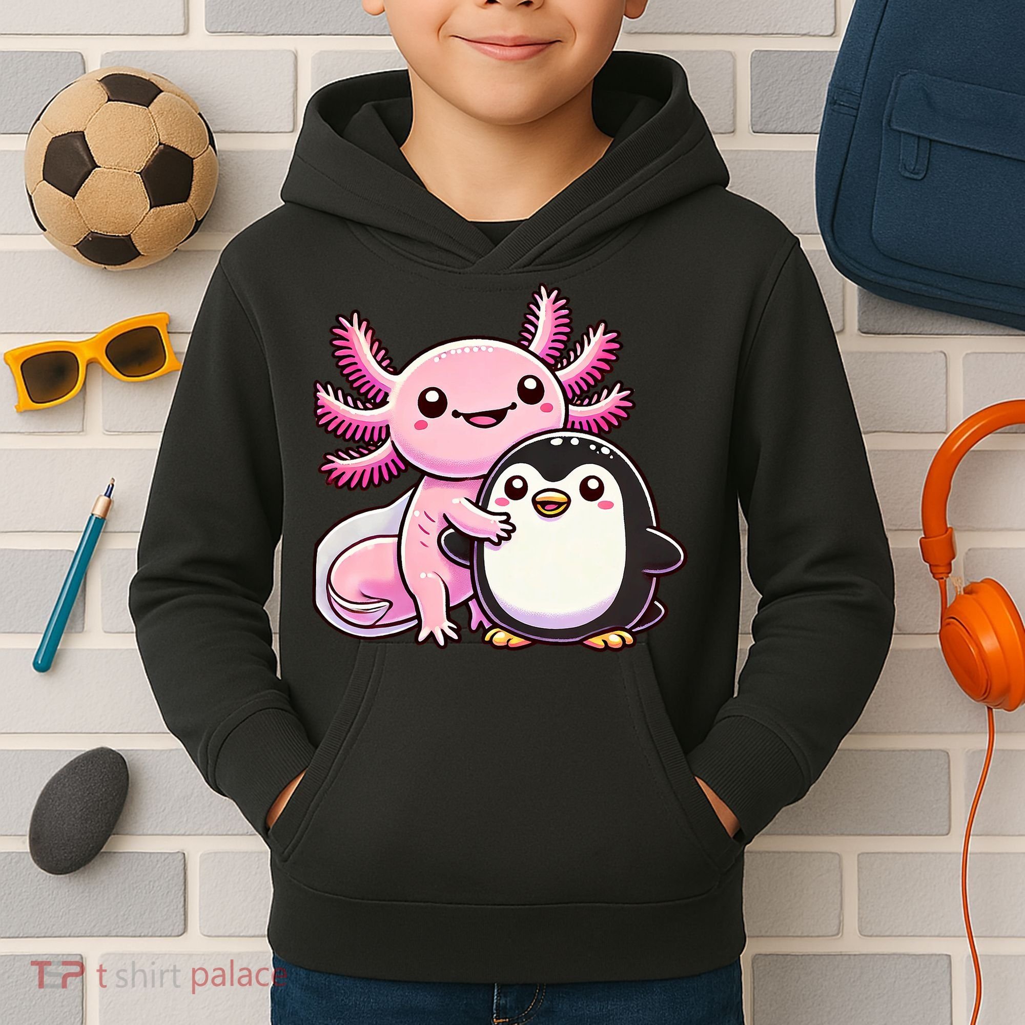 Cute Axolotl Hugging Penguin Kids Hoodie