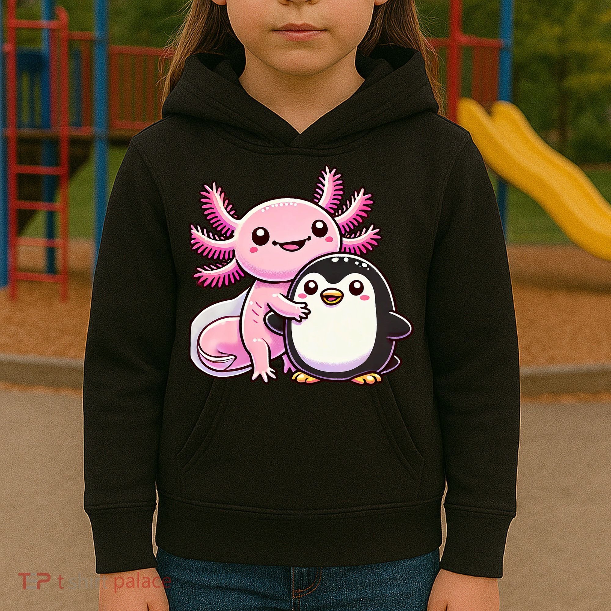 Cute Axolotl Hugging Penguin Kids Hoodie