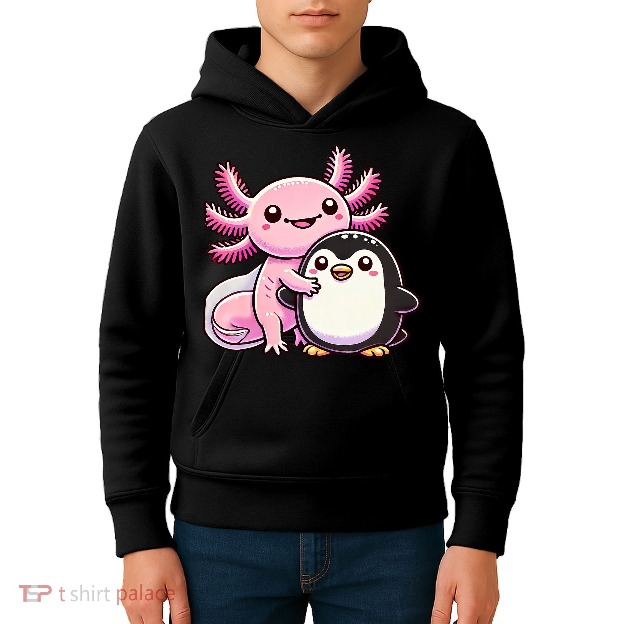 Cute Axolotl Hugging Penguin Kids Hoodie