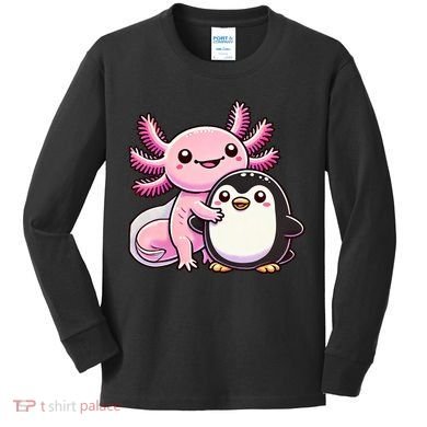 Cute Axolotl Hugging Penguin Kids Long Sleeve Shirt