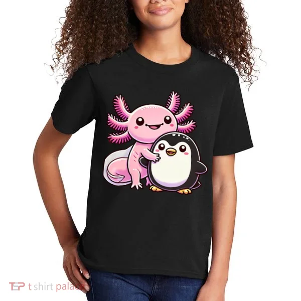 Cute Axolotl Hugging Penguin Kids T-Shirt