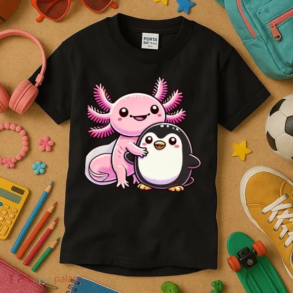 Cute Axolotl Hugging Penguin Kids T-Shirt