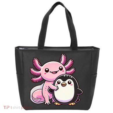 Cute Axolotl Hugging Penguin Tote Bag