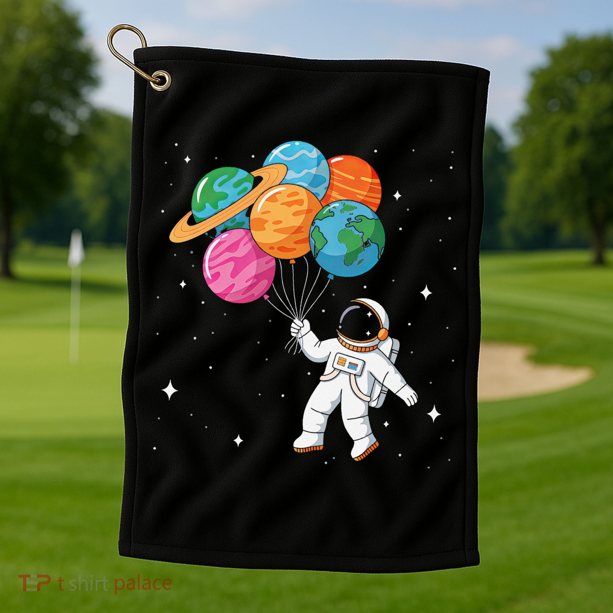 Cute Astronaut Holding Planet Balloons STEM Golf Towel