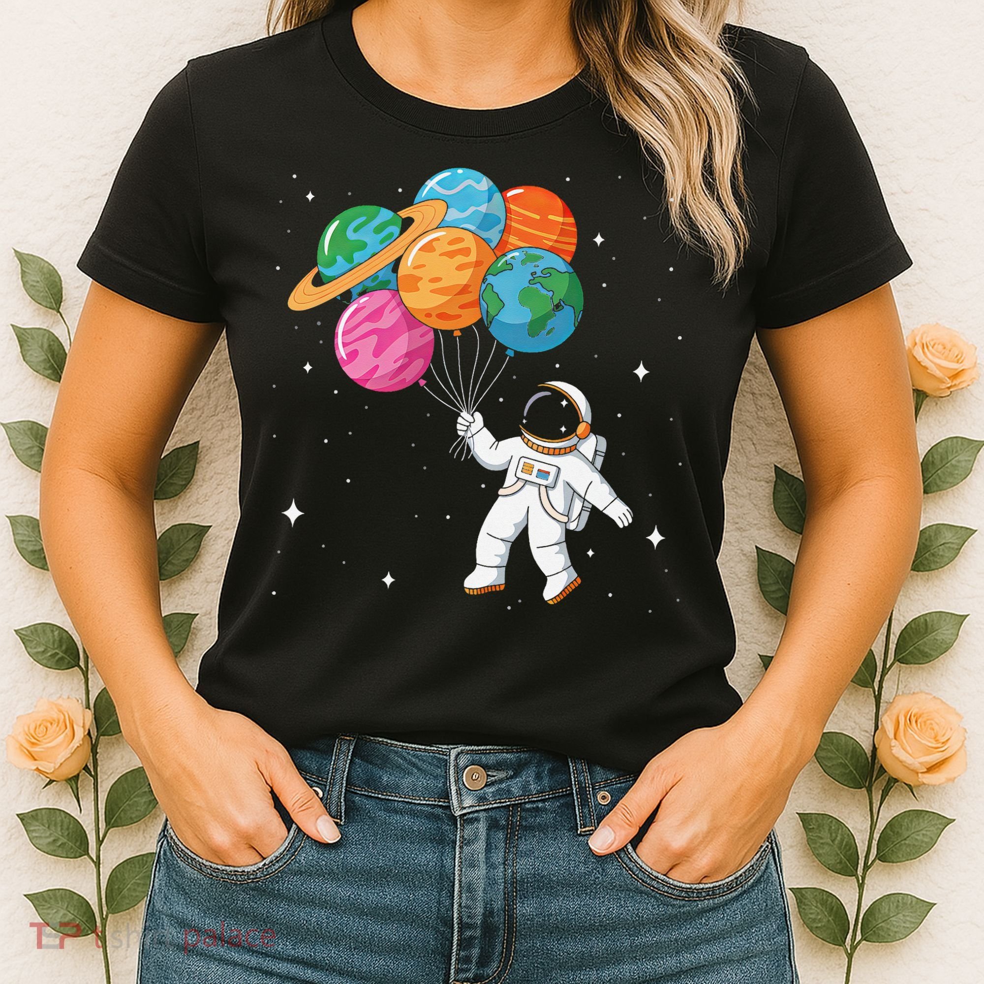 Cute Astronaut Holding Planet Balloons STEM Women's T-Shirt