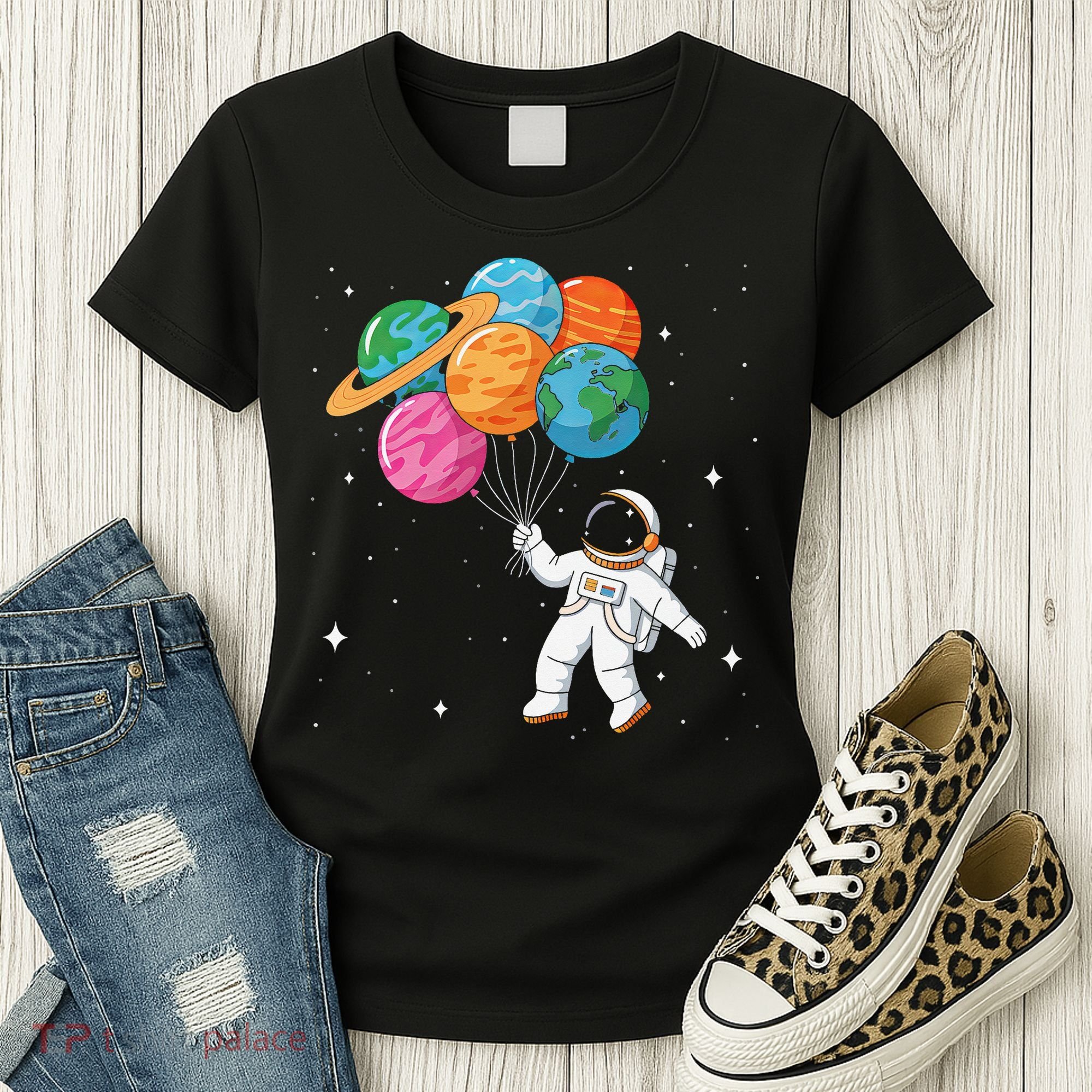 Cute Astronaut Holding Planet Balloons STEM Women's T-Shirt