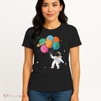 Cute Astronaut Holding Planet Balloons STEM Women's T-Shirt thumb 4
