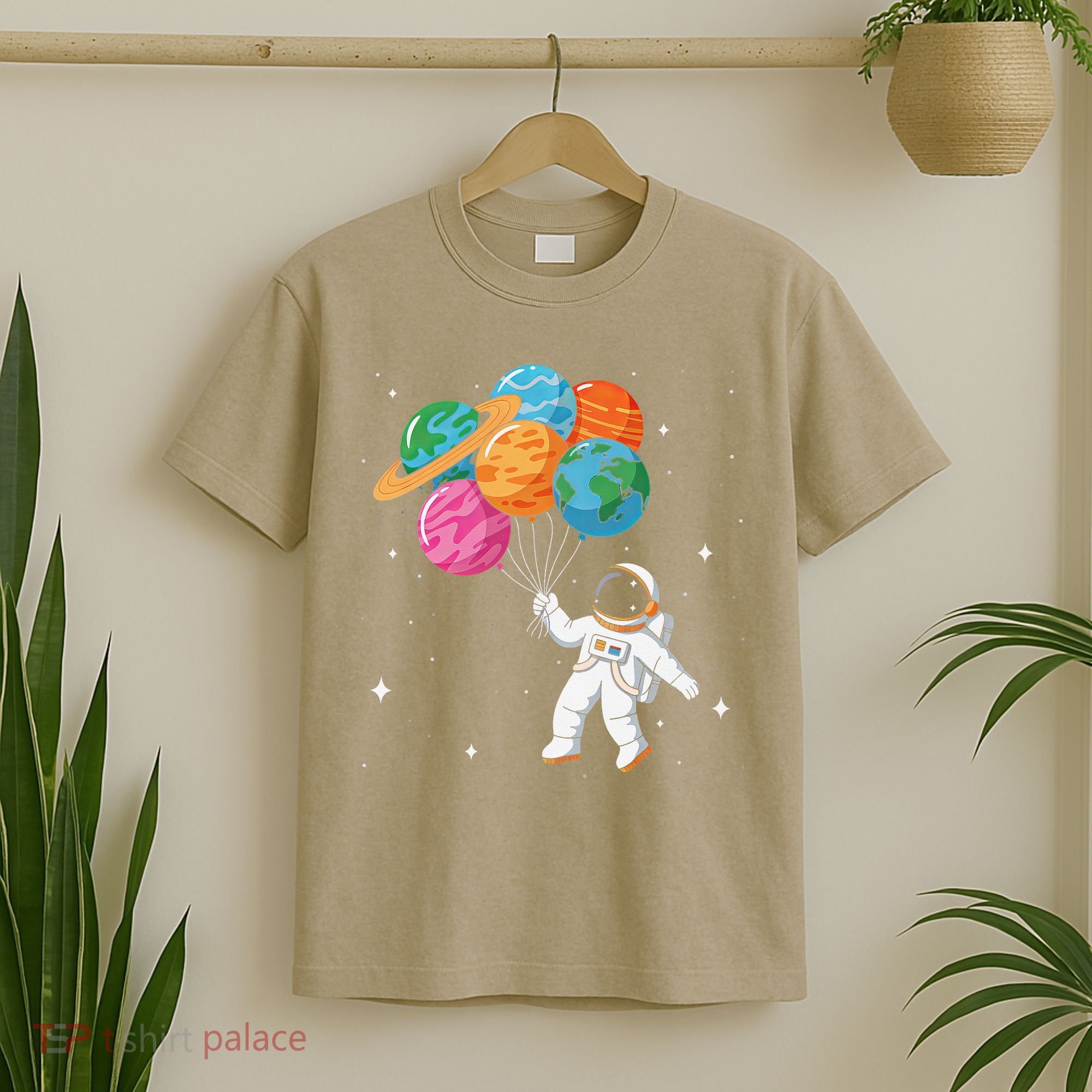 Cute Astronaut Holding Planet Balloons STEM T-Shirt