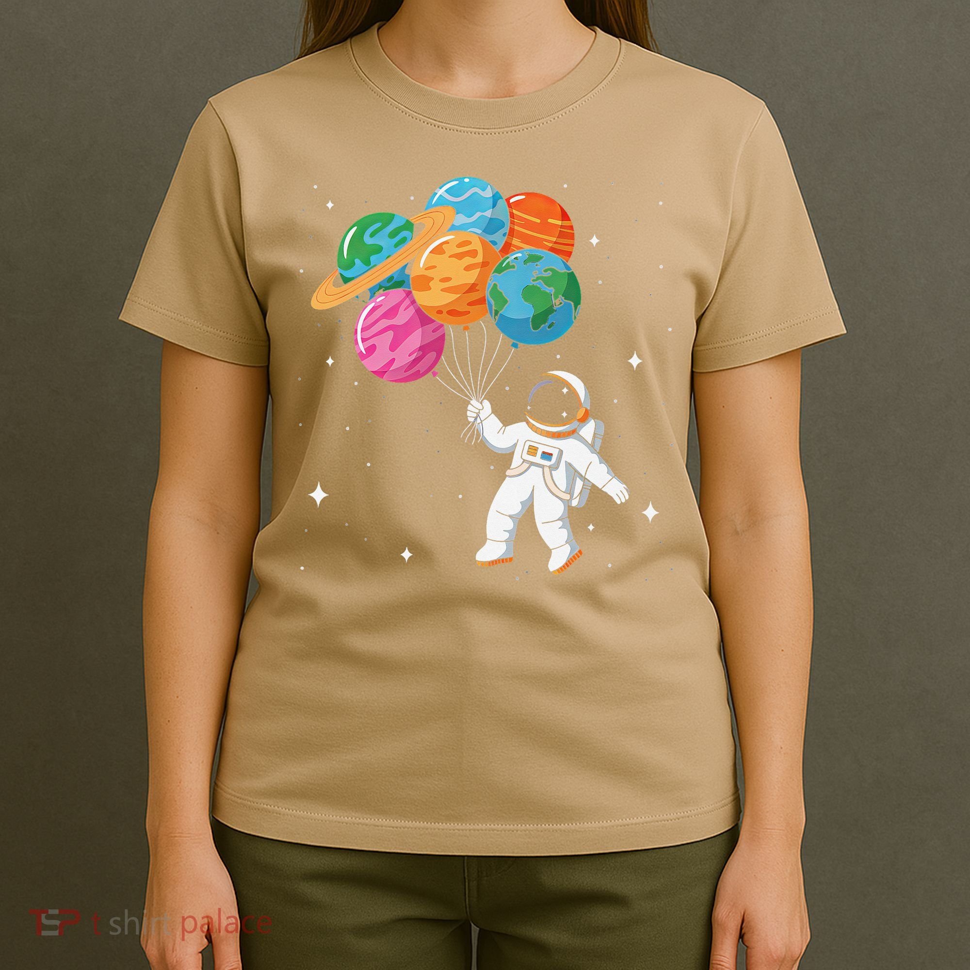 Cute Astronaut Holding Planet Balloons STEM T-Shirt