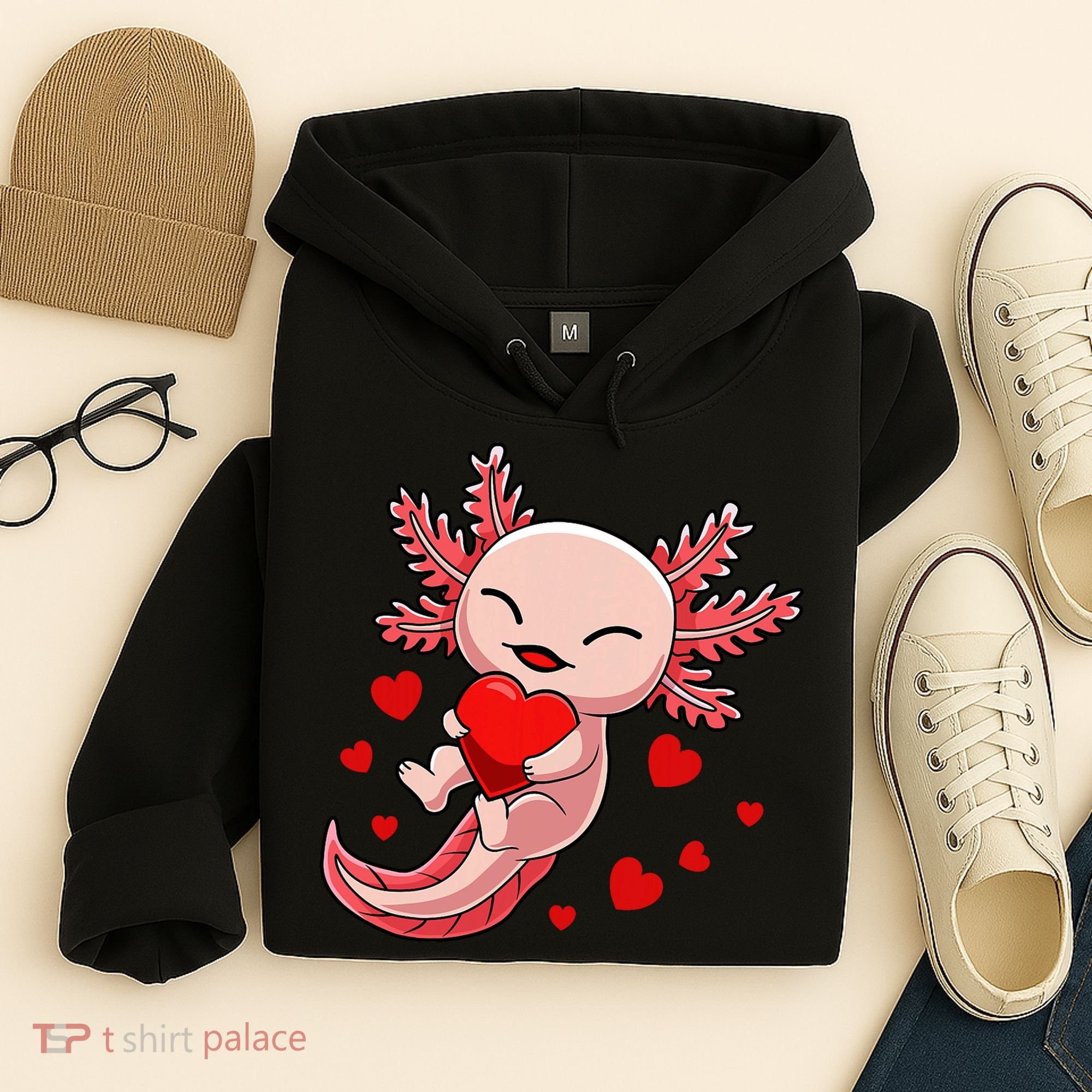 Cute Axolotl Heart Valentines Day Hoodie