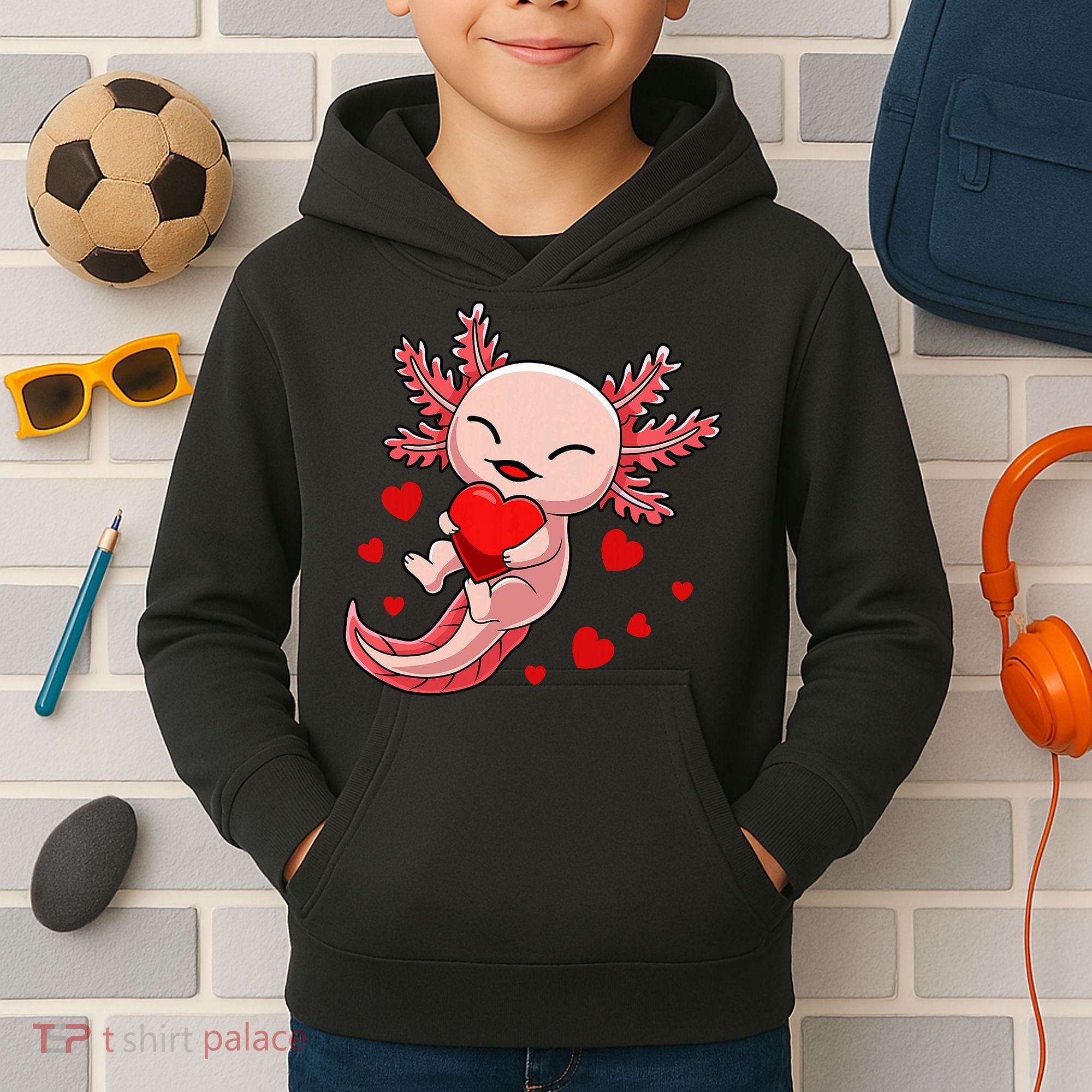 Cute Axolotl Heart Valentines Day Kids Hoodie