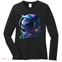 Cat Astronaut In Space Suit And Helmet In The Cosmos Funny Women's Long Sleeve Shirt thumb 0