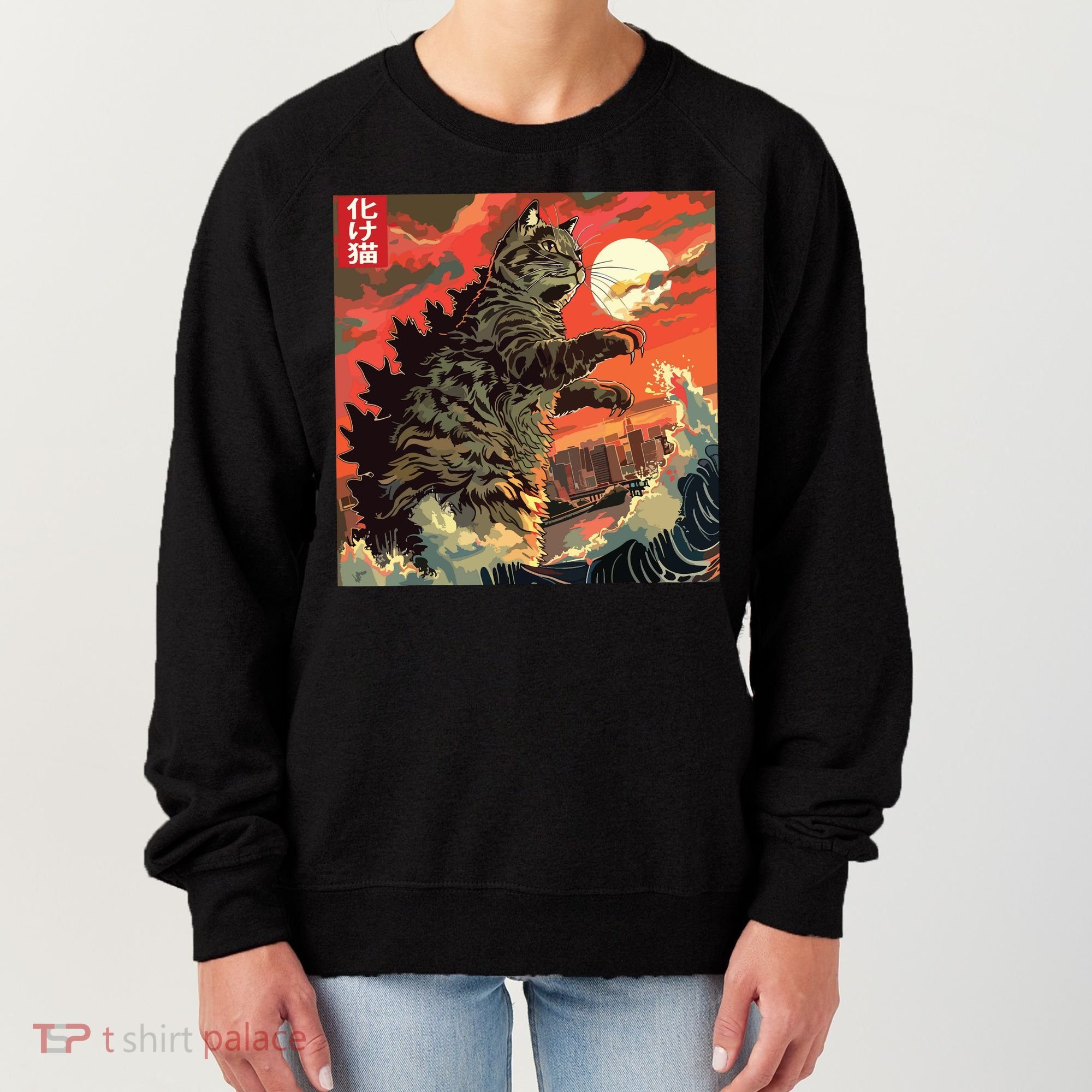 Catzilla Attacking Japan Funny Cute Cat Anime Style Women's Sweatshirt
