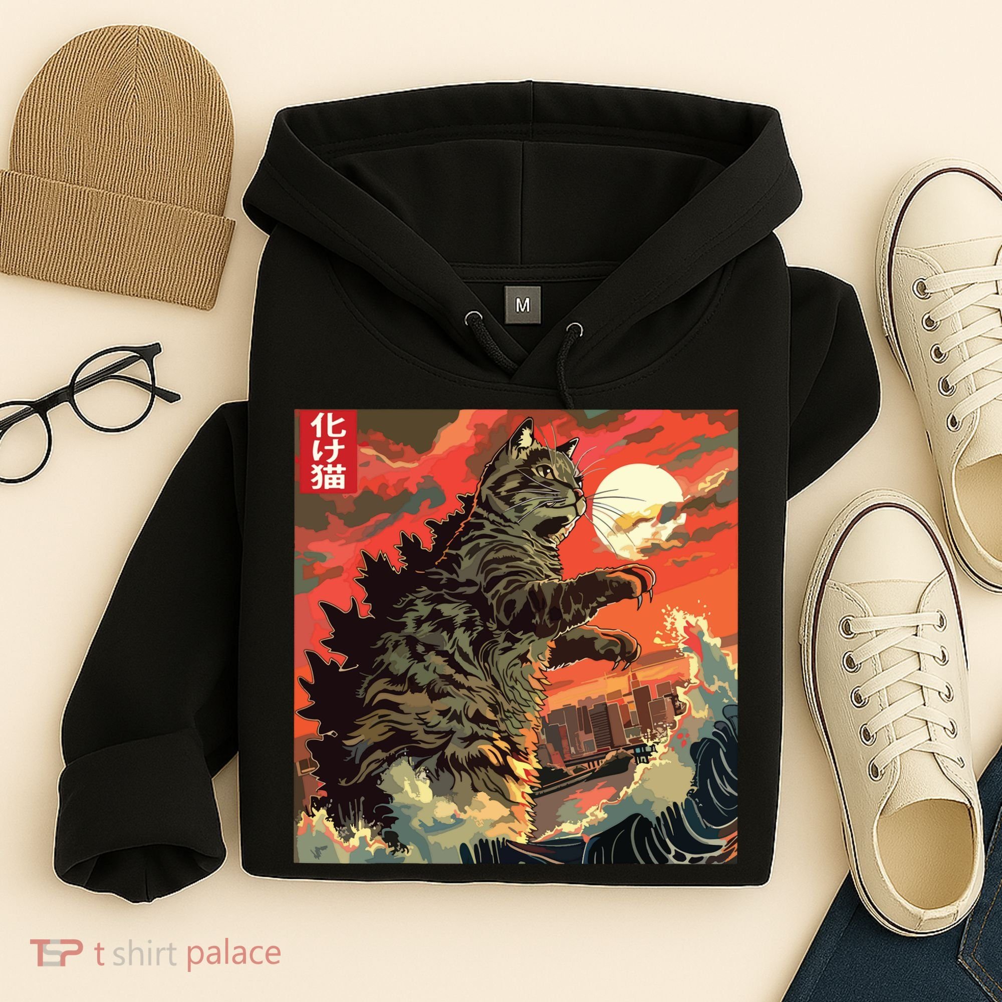 Catzilla Attacking Japan Funny Cute Cat Anime Style Hoodie