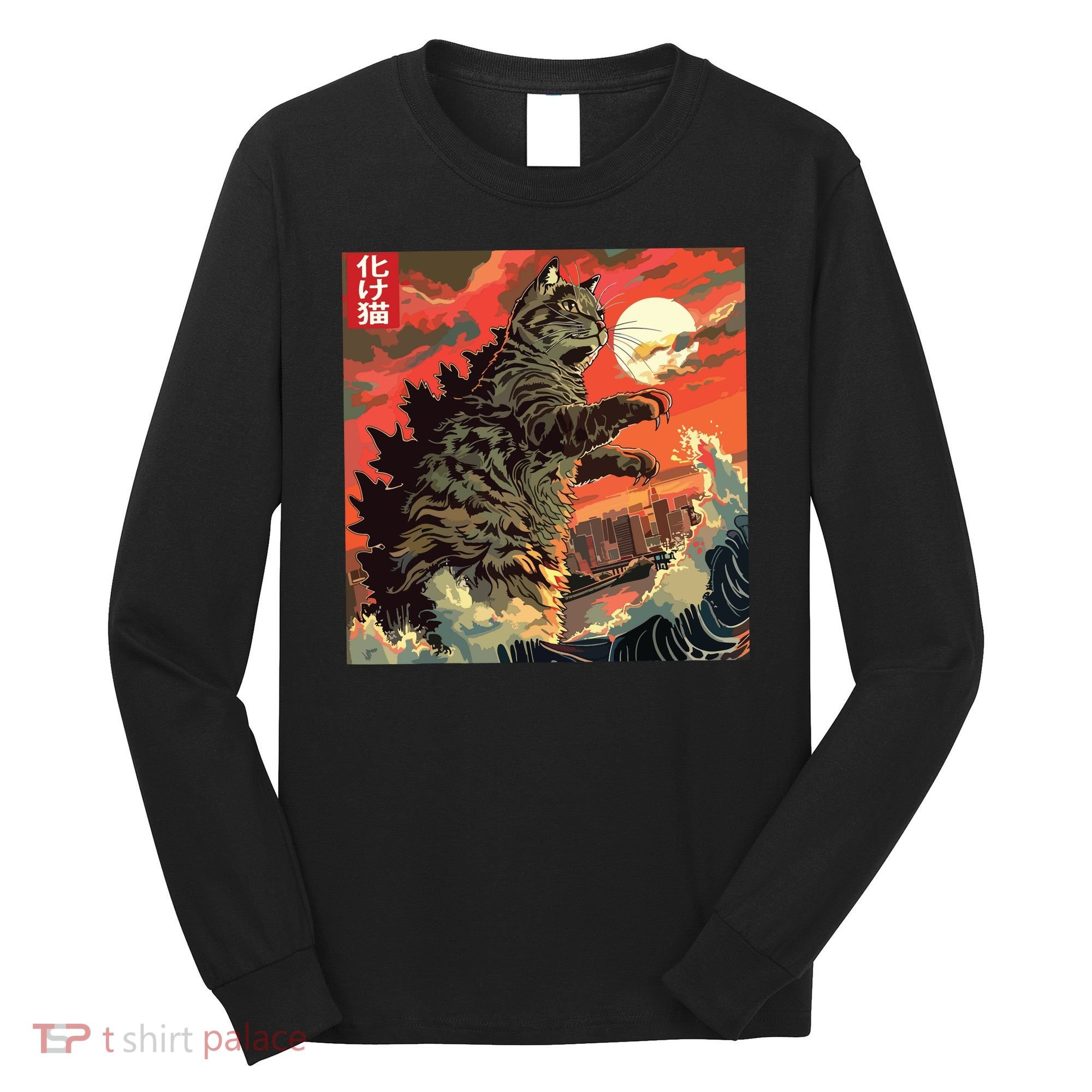 Catzilla Attacking Japan Funny Cute Cat Anime Style Long Sleeve Shirt