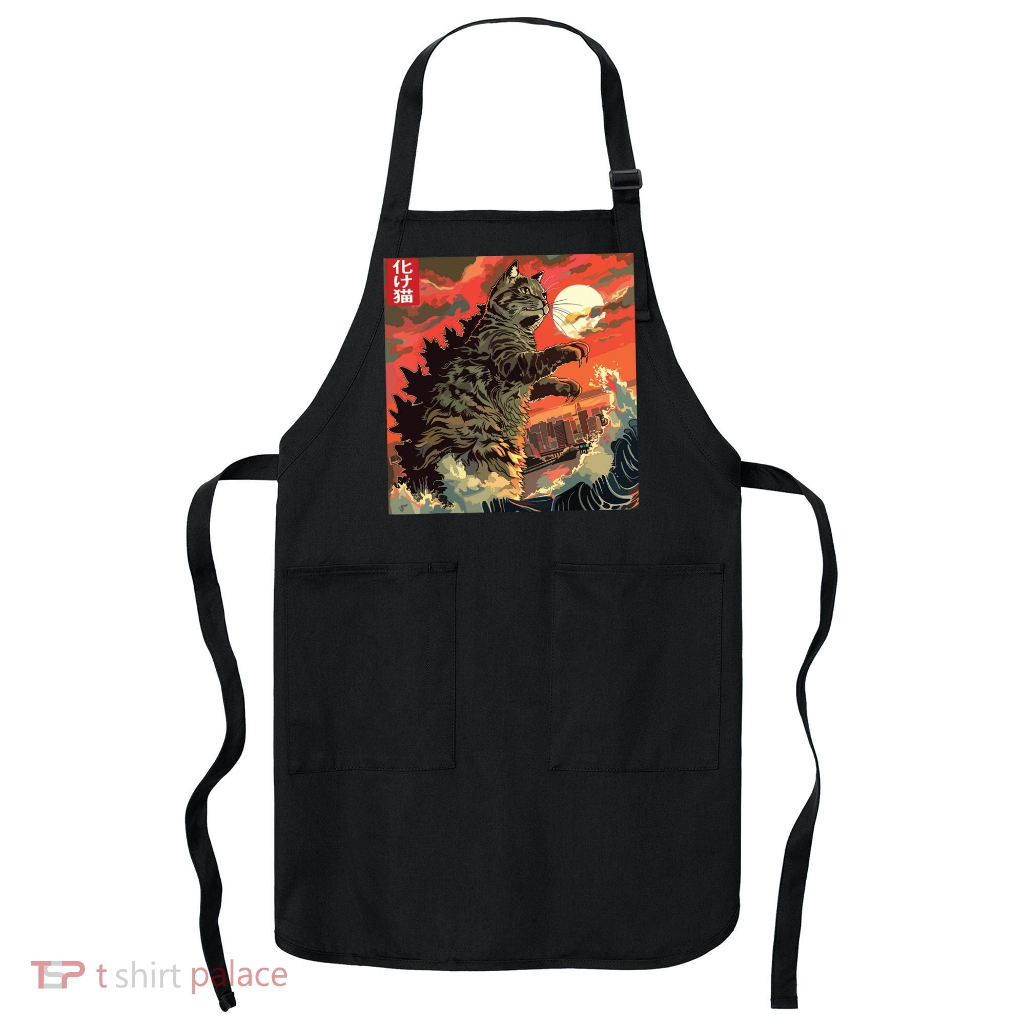 Catzilla Attacking Japan Funny Cute Cat Anime Style Apron
