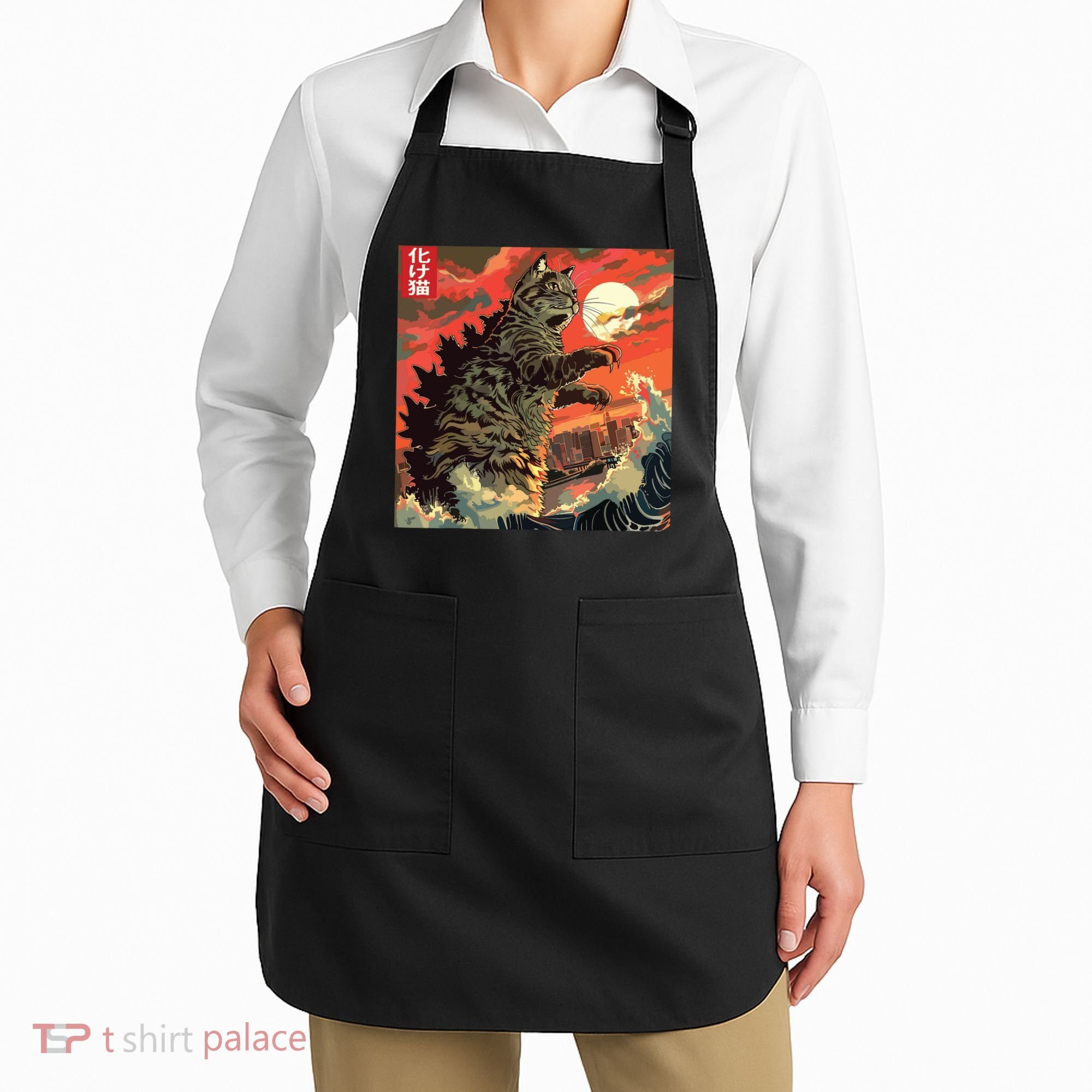 Catzilla Attacking Japan Funny Cute Cat Anime Style Apron