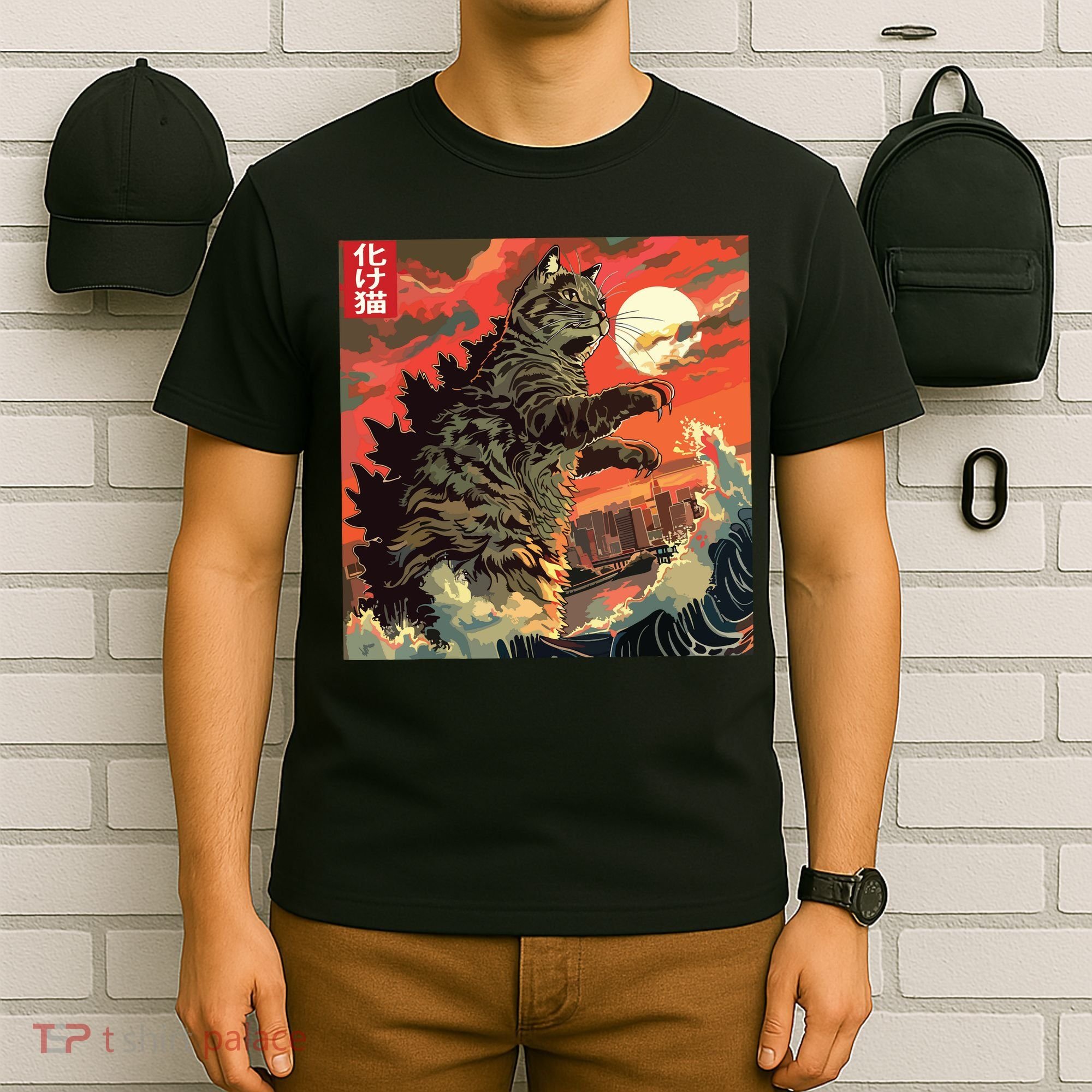 Catzilla Attacking Japan Funny Cute Cat Anime Style T-Shirt