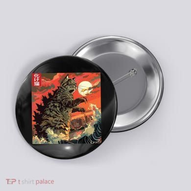 Catzilla Attacking Japan Funny Cute Cat Anime Style Button