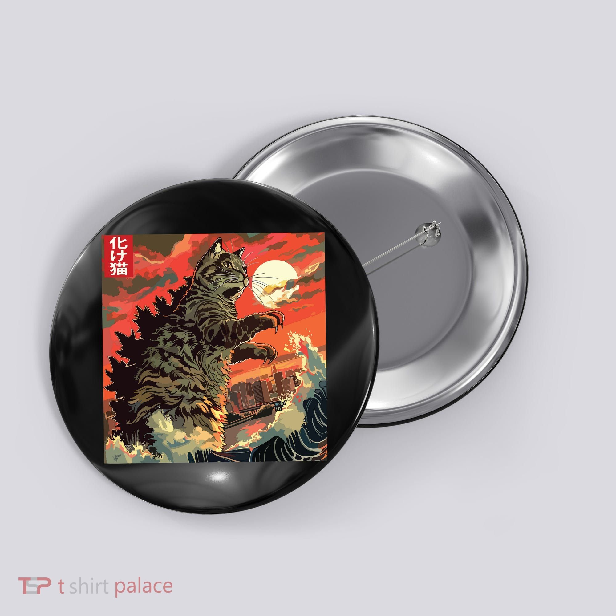 Catzilla Attacking Japan Funny Cute Cat Anime Style Button