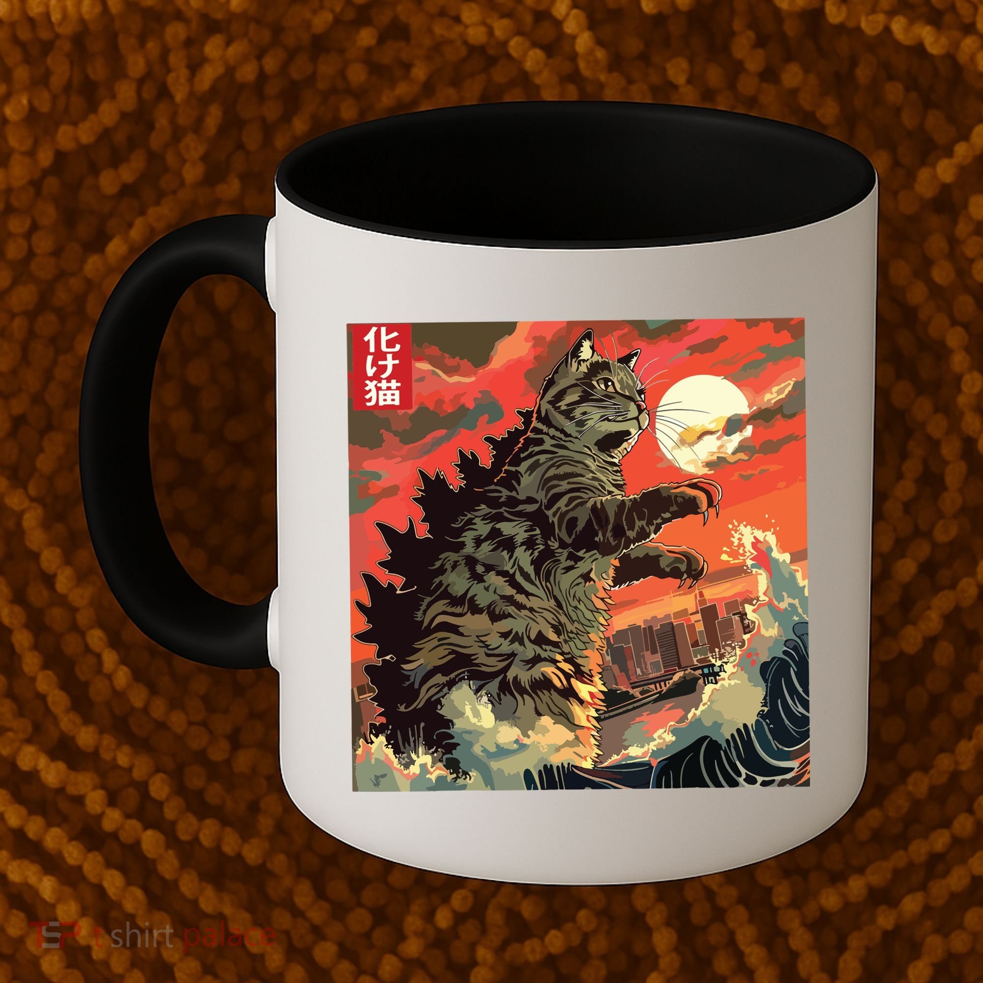 Catzilla Attacking Japan Funny Cute Cat Anime Style Coffee Mug