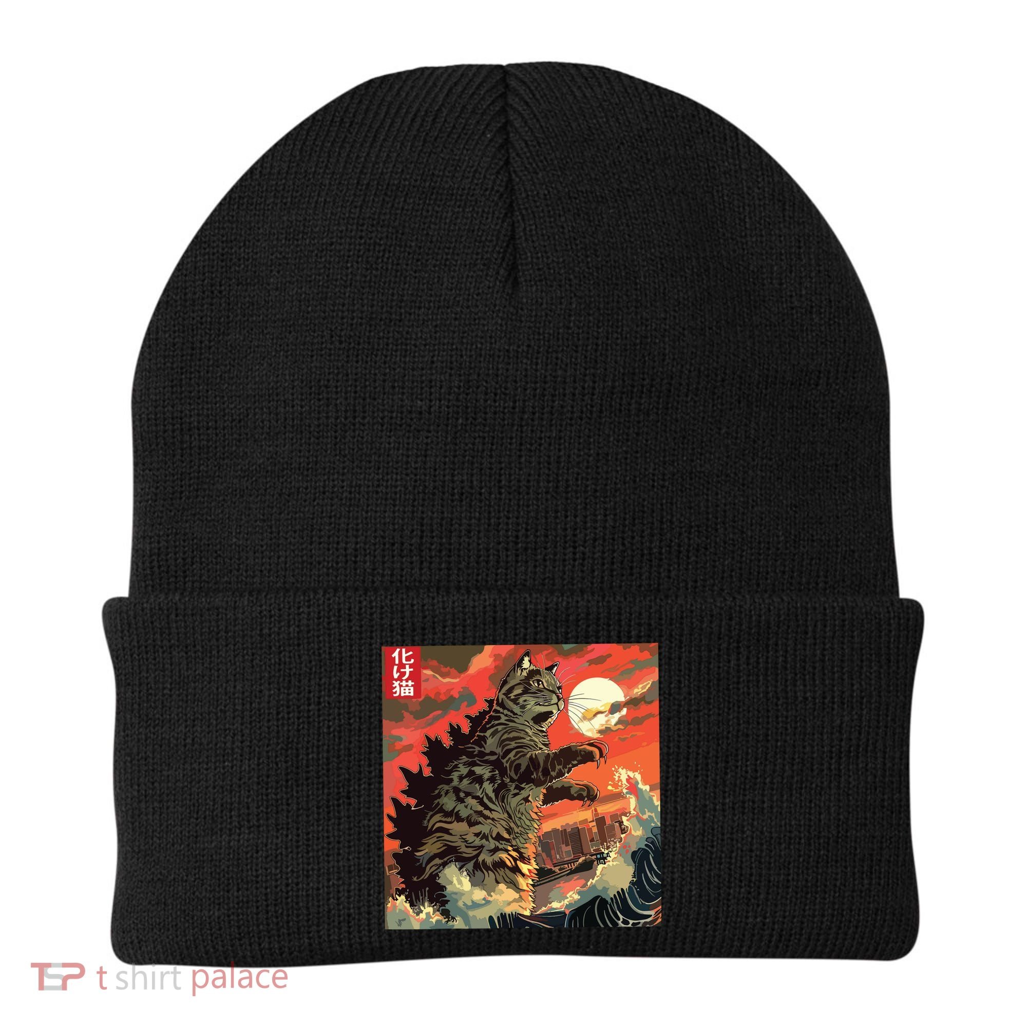 Catzilla Attacking Japan Funny Cute Cat Anime Style Beanie