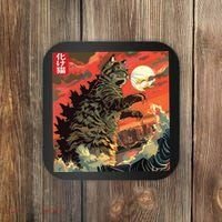 Catzilla Attacking Japan Funny Cute Cat Anime Style Coaster thumb 0