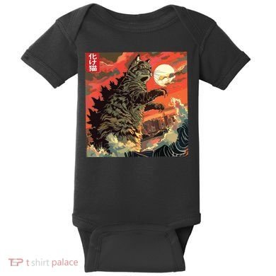 Catzilla Attacking Japan Funny Cute Cat Anime Style Baby Bodysuit