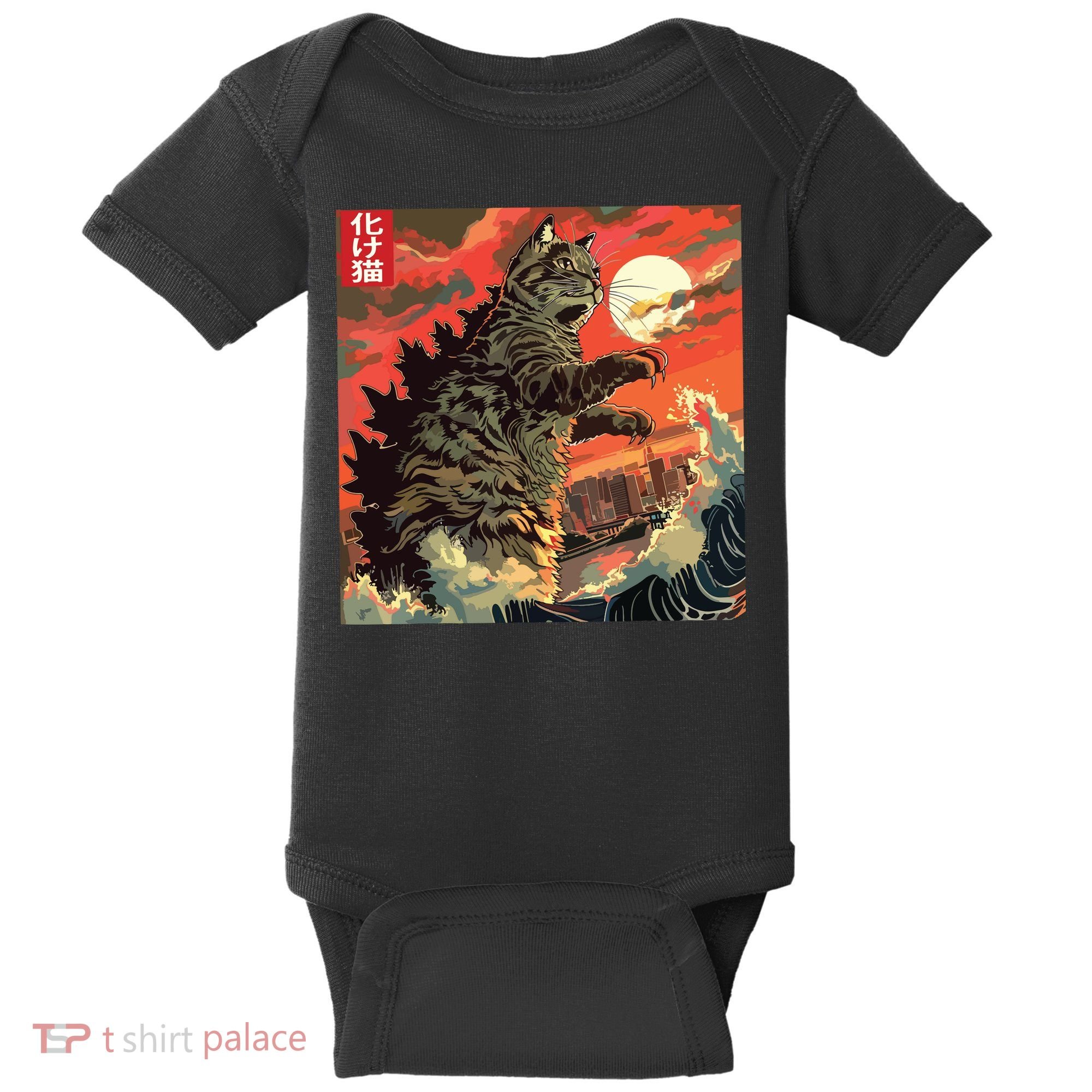Catzilla Attacking Japan Funny Cute Cat Anime Style Baby Bodysuit