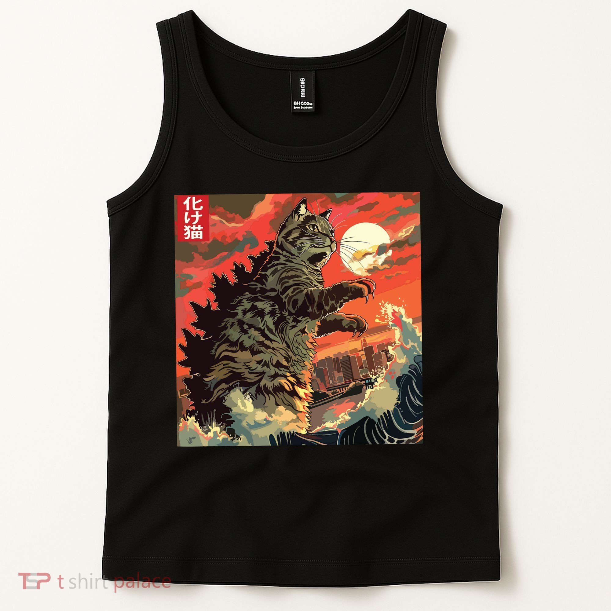 Catzilla Attacking Japan Funny Cute Cat Anime Style Tank Top