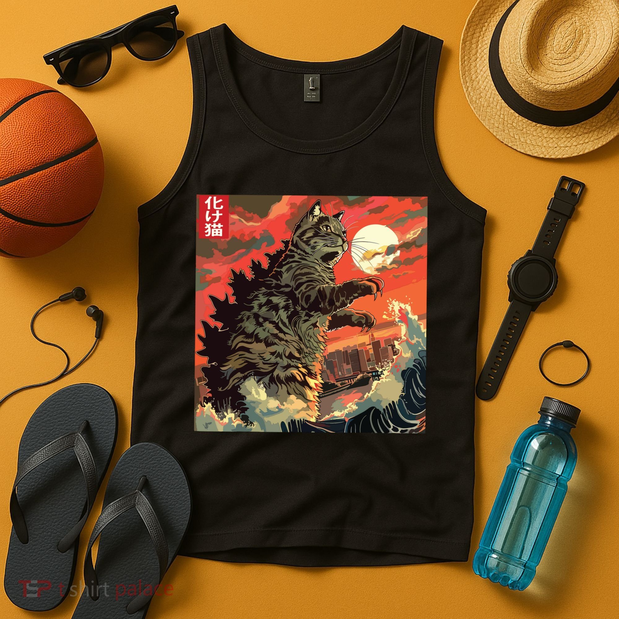 Catzilla Attacking Japan Funny Cute Cat Anime Style Tank Top