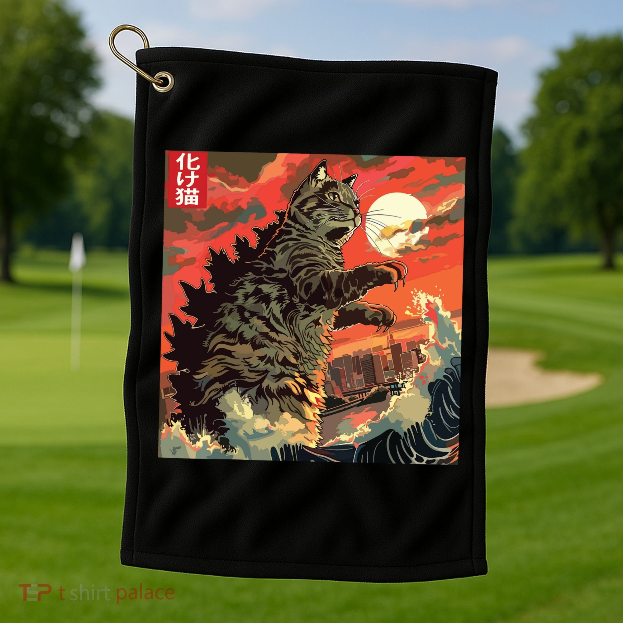 Catzilla Attacking Japan Funny Cute Cat Anime Style Golf Towel