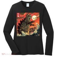 Catzilla Attacking Japan Funny Cute Cat Anime Style Women's Long Sleeve Shirt thumb 0