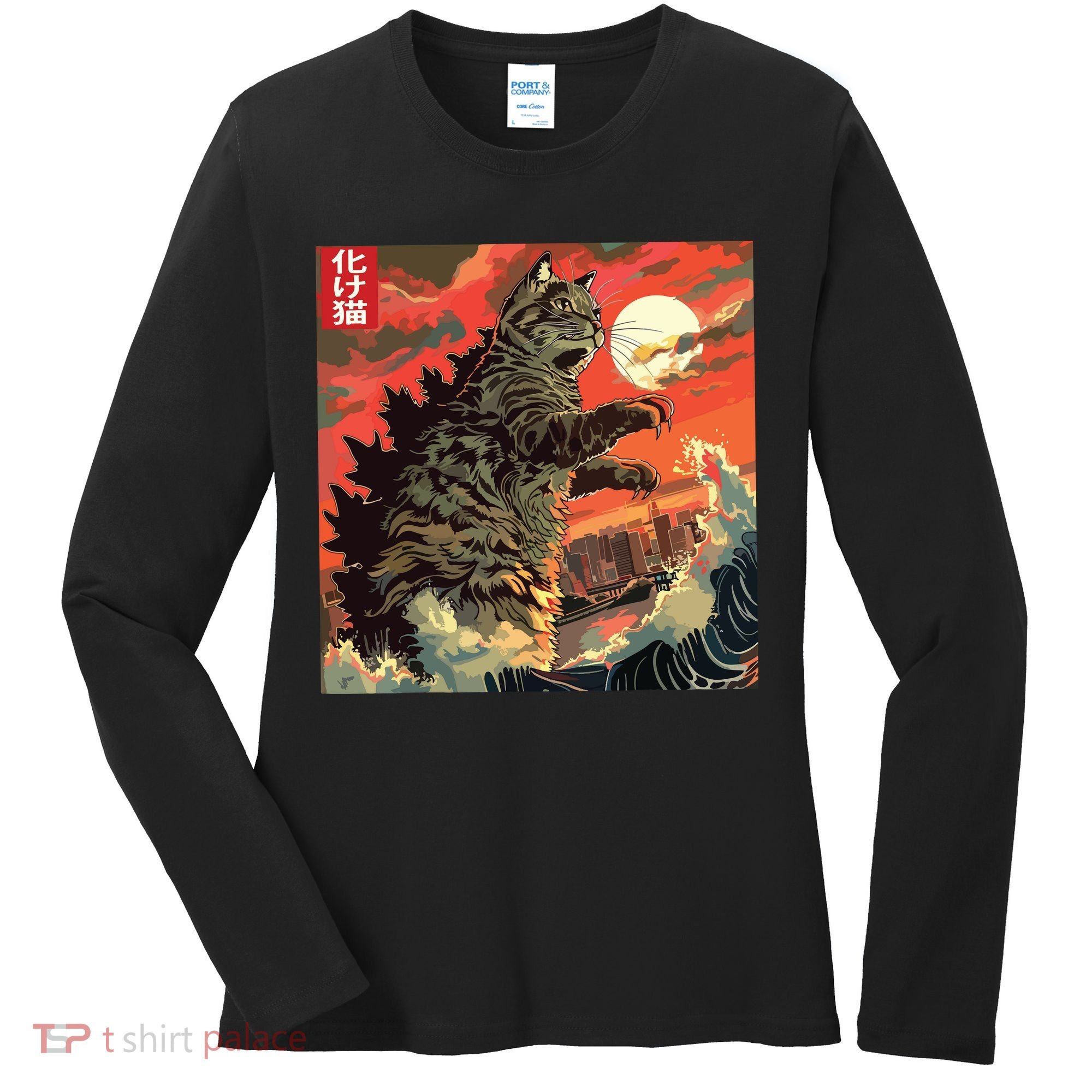 Catzilla Attacking Japan Funny Cute Cat Anime Style Women's Long Sleeve Shirt