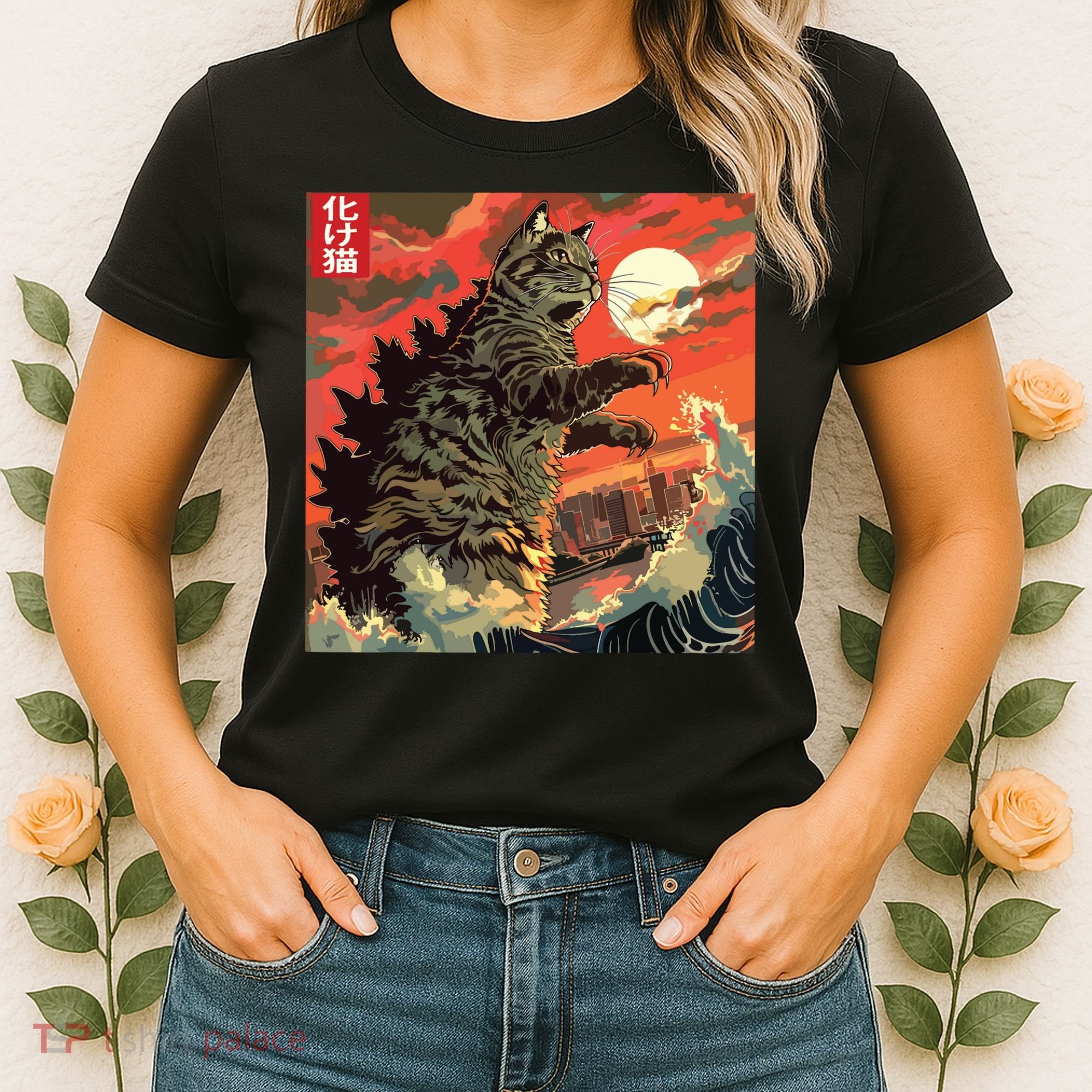 Catzilla Attacking Japan Funny Cute Cat Anime Style Women's T-Shirt
