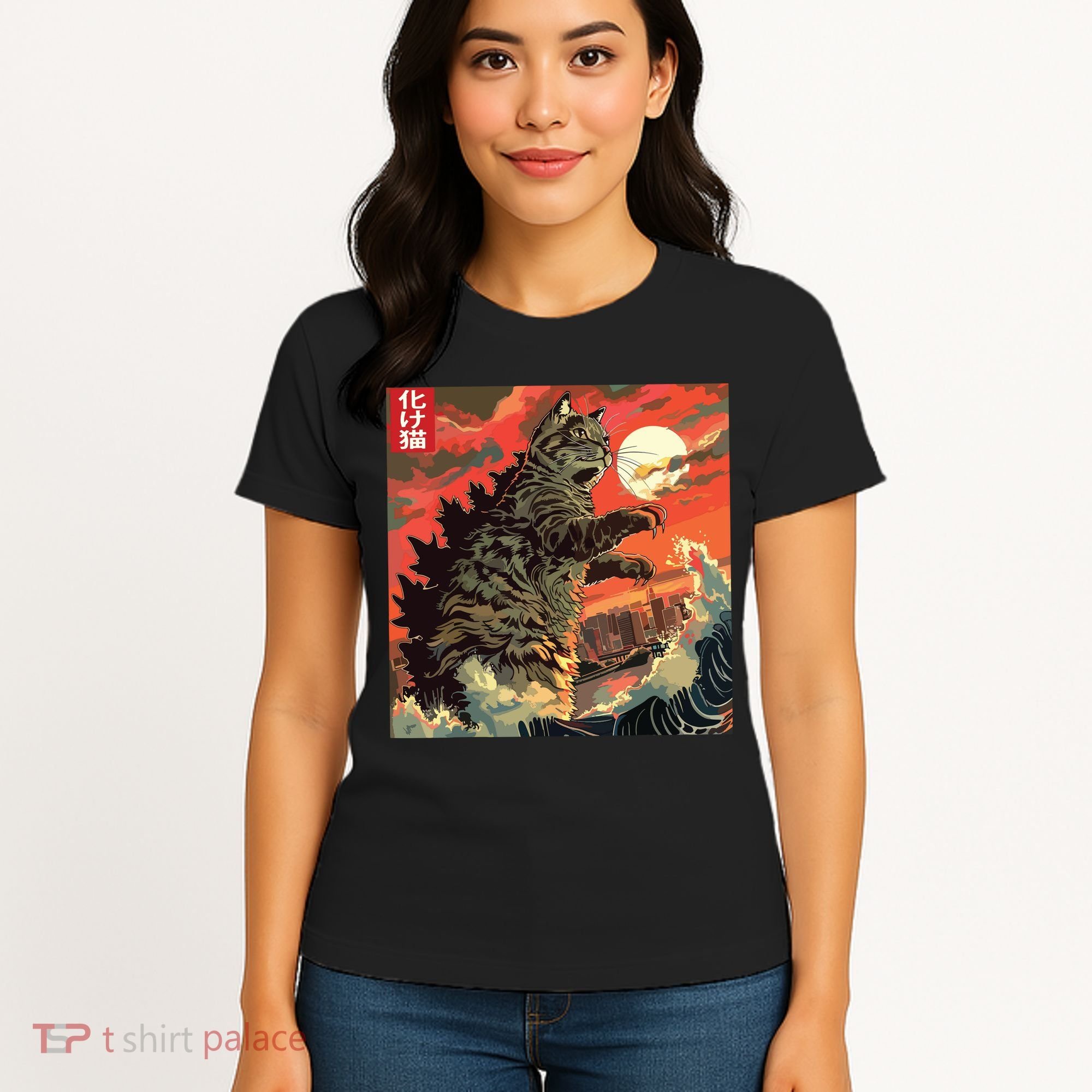 Catzilla Attacking Japan Funny Cute Cat Anime Style Women's T-Shirt