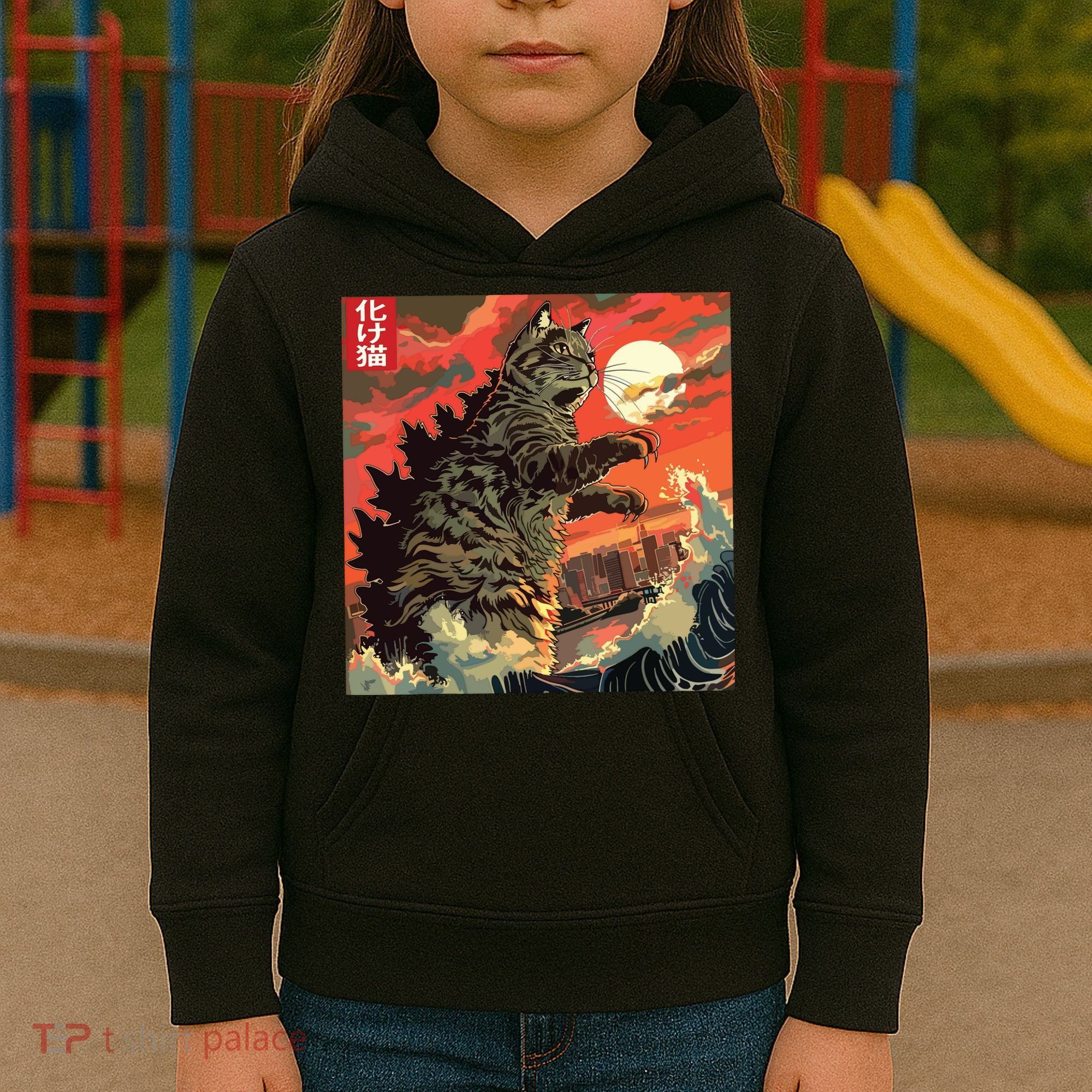 Catzilla Attacking Japan Funny Cute Cat Anime Style Kids Hoodie