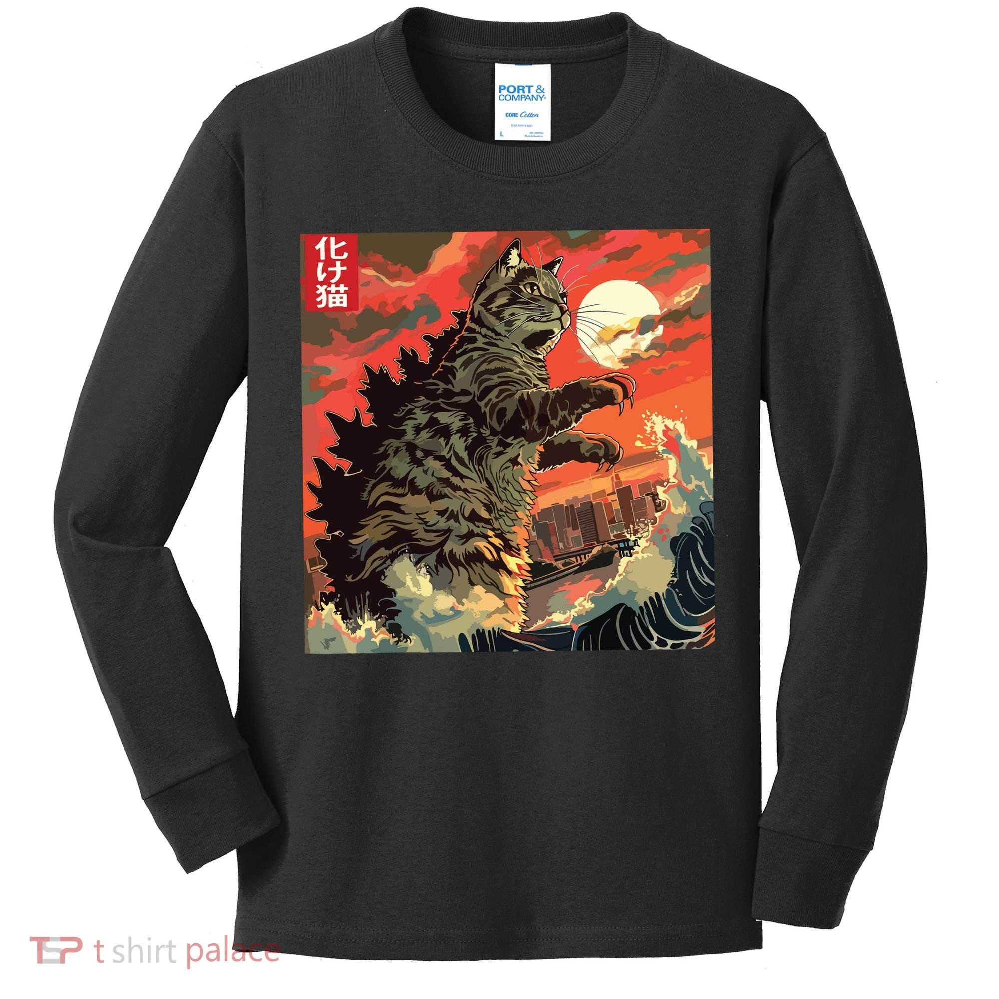 Catzilla Attacking Japan Funny Cute Cat Anime Style Kids Long Sleeve Shirt