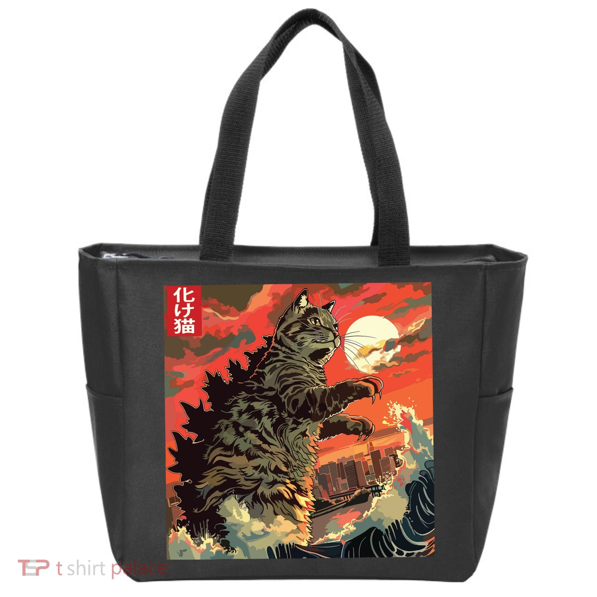 Catzilla Attacking Japan Funny Cute Cat Anime Style Tote Bag
