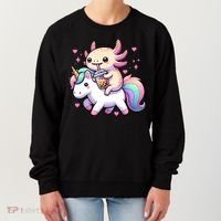 Cute Anime Kawaii Axolotl Riding A Unicorn And Drinking Boba  Women's Sweatshirt thumb 0