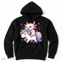 Cute Anime Kawaii Axolotl Riding A Unicorn And Drinking Boba  Hoodie thumb 0