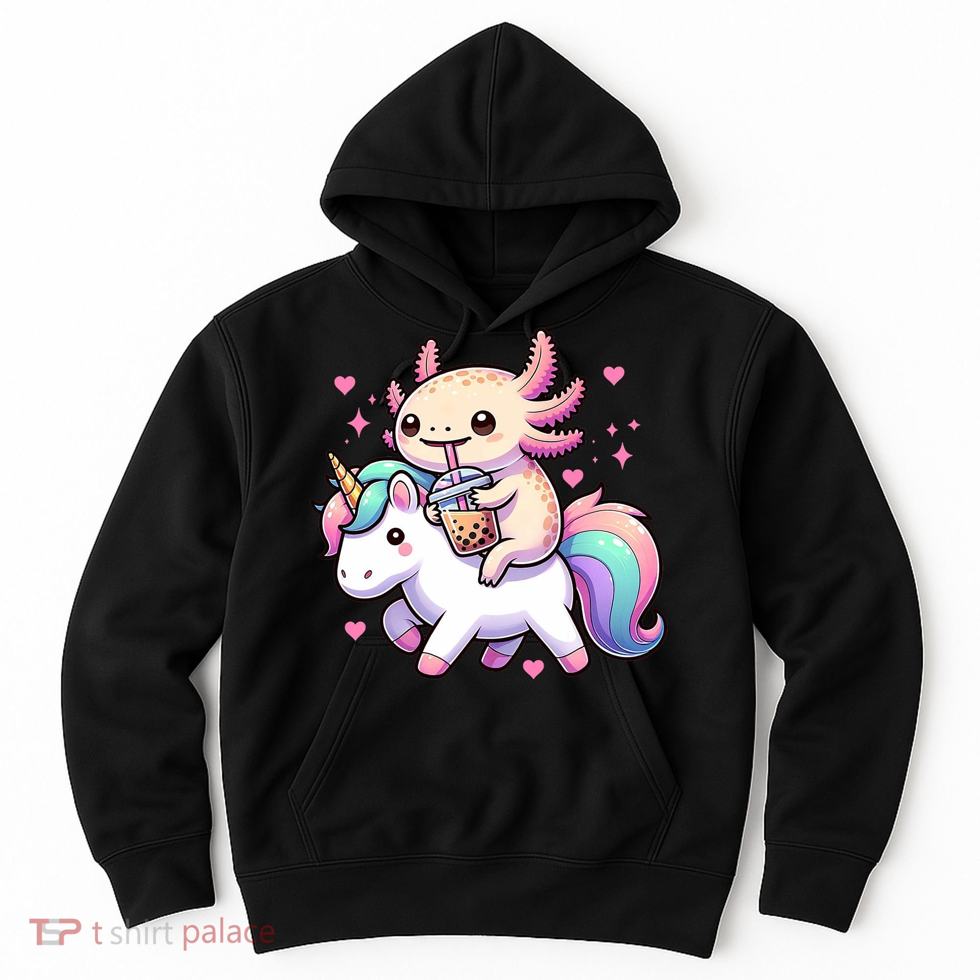 Cute Anime Kawaii Axolotl Riding A Unicorn And Drinking Boba  Hoodie