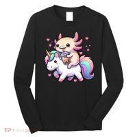 Cute Anime Kawaii Axolotl Riding A Unicorn And Drinking Boba  Long Sleeve Shirt thumb 0