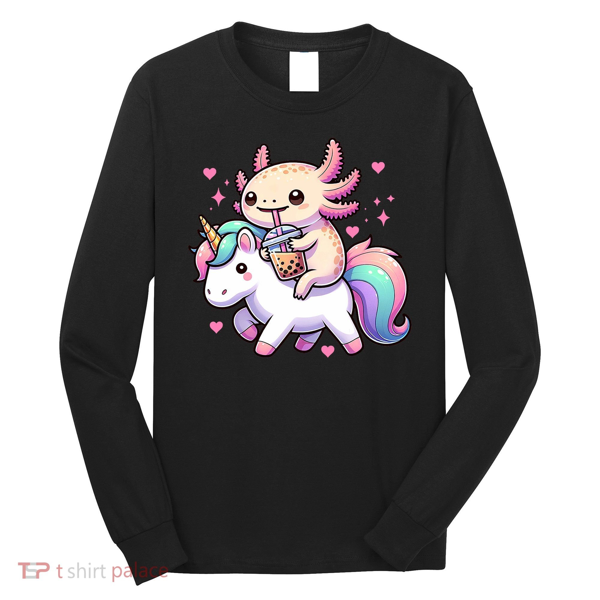 Cute Anime Kawaii Axolotl Riding A Unicorn And Drinking Boba  Long Sleeve Shirt
