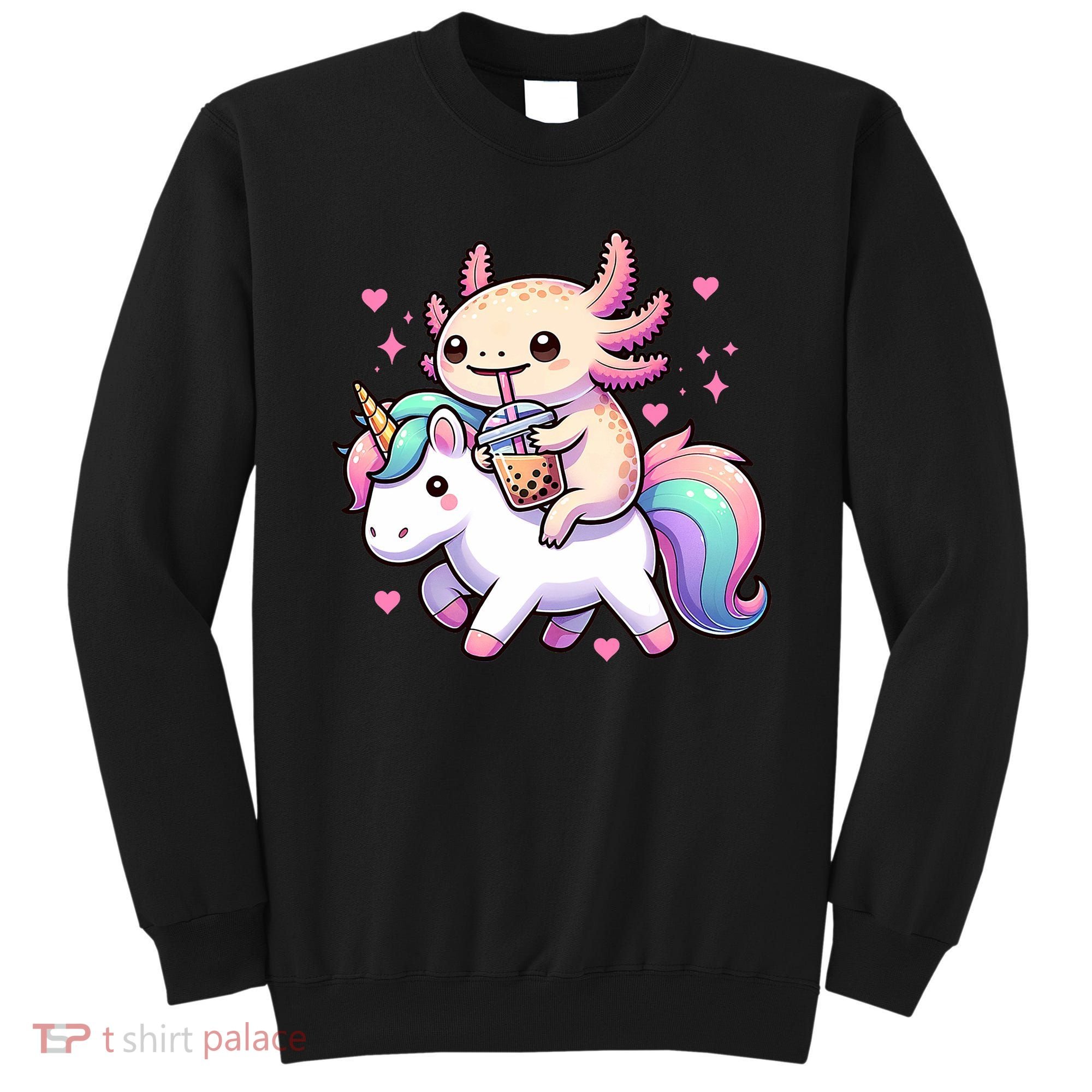 Cute Anime Kawaii Axolotl Riding A Unicorn And Drinking Boba  Sweatshirt