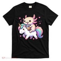 Cute Anime Kawaii Axolotl Riding A Unicorn And Drinking Boba  T-Shirt thumb 0