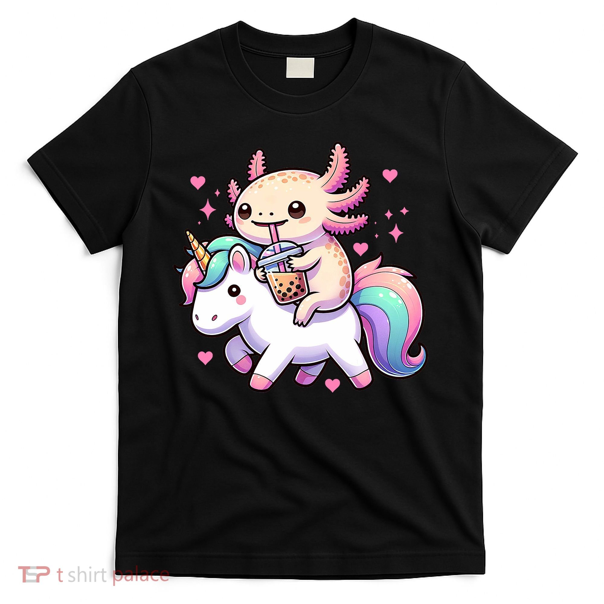 Cute Anime Kawaii Axolotl Riding A Unicorn And Drinking Boba  T-Shirt
