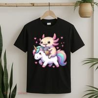 Cute Anime Kawaii Axolotl Riding A Unicorn And Drinking Boba  T-Shirt thumb 2